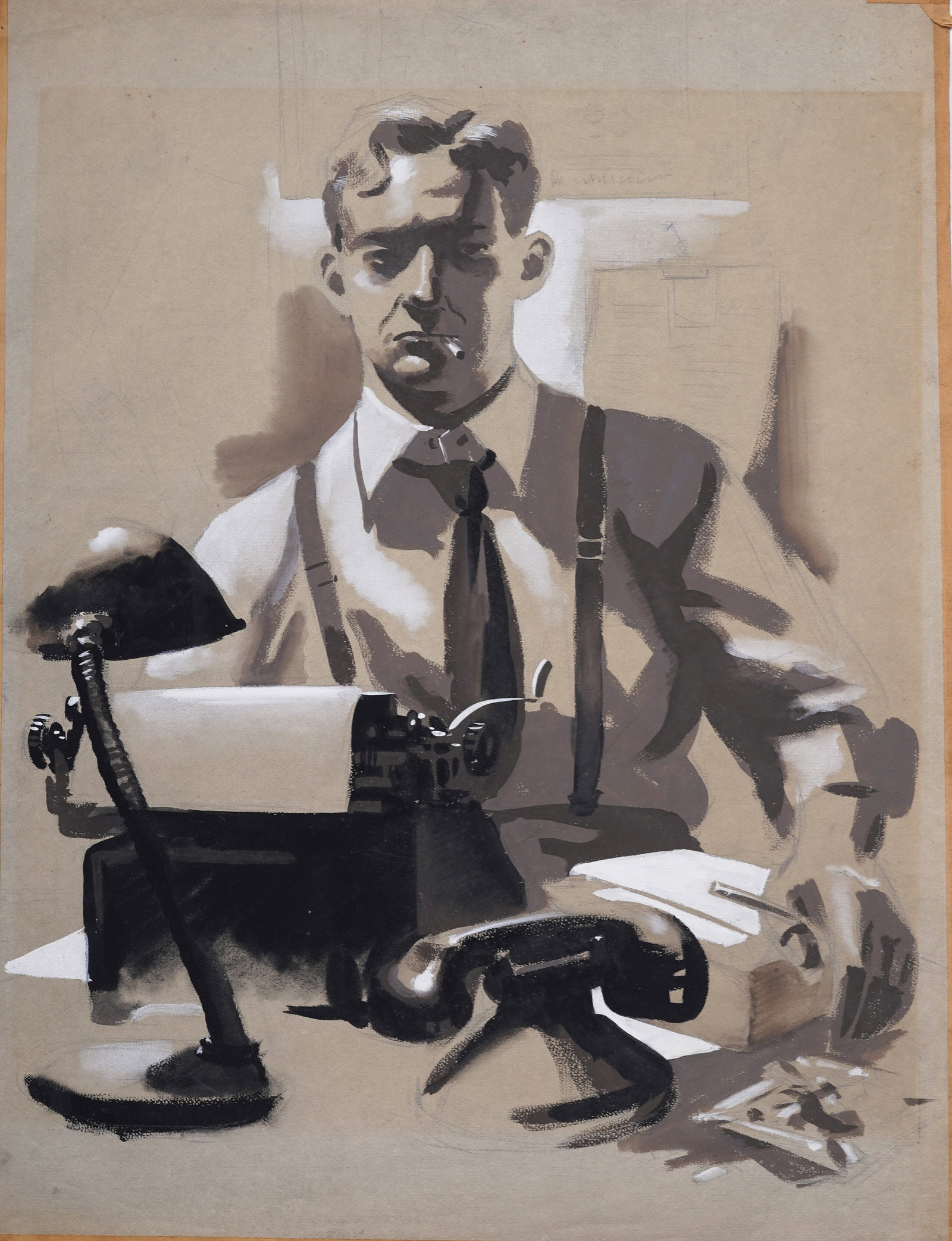 Jerralee Mcknight Antique American Original WPA Man Working Illustration Painting: Antique American modernist illustration painting. Watercolor and gouache on paper. Measuring 17 by 23 inches. Please see all images for condition. Size is measured and written on the back of the paint
