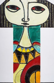 Vintage Mid Century Modernist Painted Tile Portrait