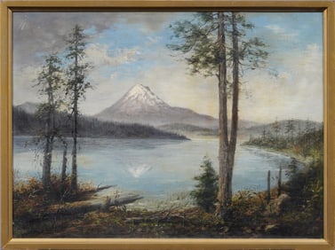 Antique American School Western Hudson River School Mt Hood Oregon Landscape Original Oil Painting