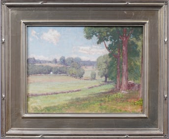 Antique American Impressionist Landscape Silver Leaf Framed Original Oil Painting