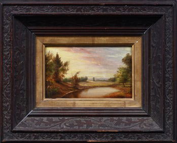 Antique American Hudson River School Sunset Landscape Nicely Framed Original Oil Painting