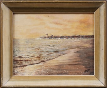 Antique American School Sunset Fishing Seascape Signed Framed Oil Painting