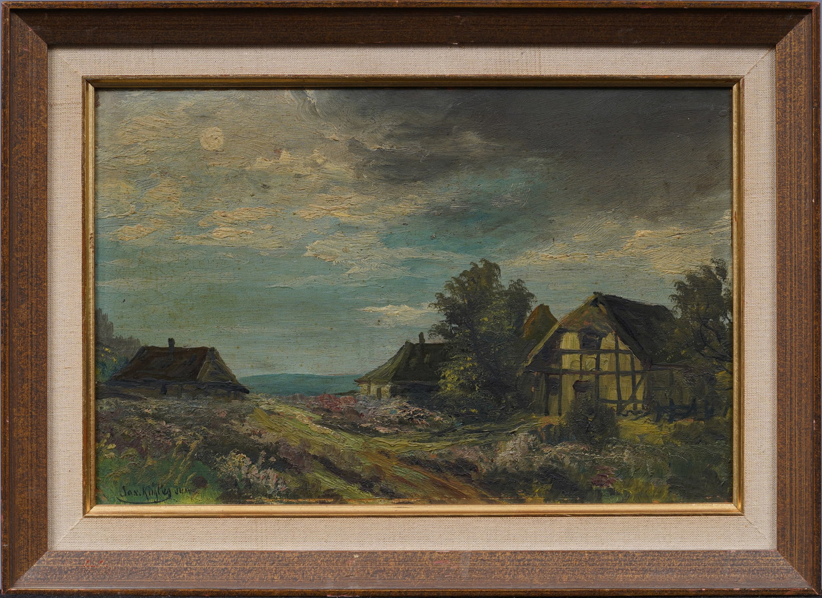 Signed Moonlit Impressionist Seaside Wild Flower Landscape Oil Painting: Antique signed moonlit seaside landscape oil painting. Oil on board. Signed. Framed. Measuring 10 by 15 inches overall and 8 by 12 painting alone. Please see all images for condition. Size is measured