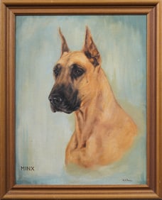 Great Dane Dog Portrait Antique American School Signed Framed Original Oil Painting