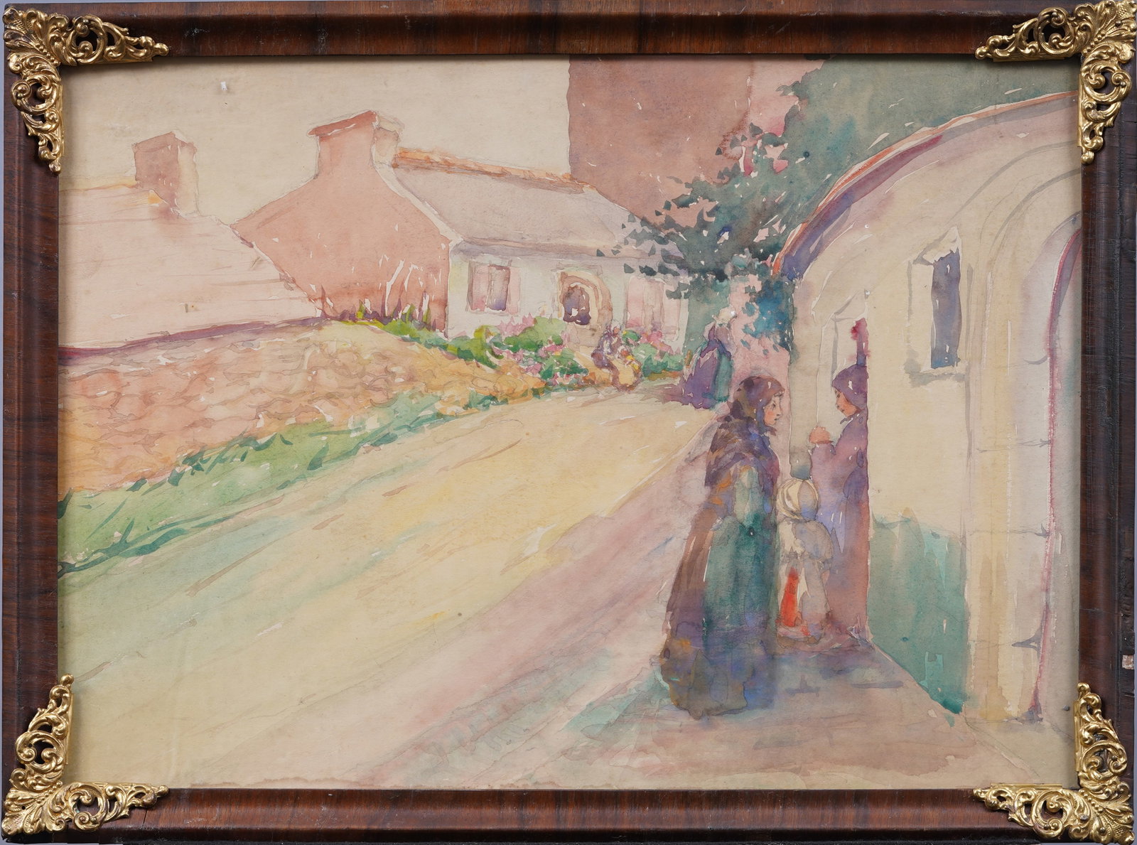 Antique European Impressionist Street Scene Framed Painting: Antique European street scene painting. Watercolor on paper. Framed. Measuring 16 by 21 inches overall and 14 by 20 painting alone. Please see all images for condition. Size is measured and written on