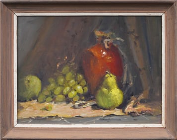Robert Waltsak Vintage American Impressionist Fruit Still Life Grapes and Pear Framed Oil Painting