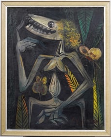 Gilberto Hernandez Ortega (1923-1978) Vintage Dominican Modernist Cubist Portrait Framed Painting