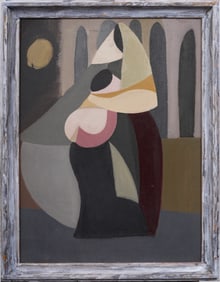 Vintage American School Cubist Mother and Child Portrait Framed Oil Painting