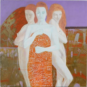 Vintage American Modernist Three Nude Women Portrait Original Oil Painting