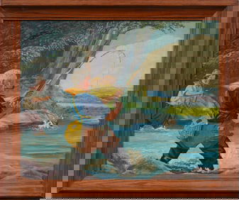 Antique American Fly Fishing Sporting Art Signed Illustration Landscape Original Oil Painting