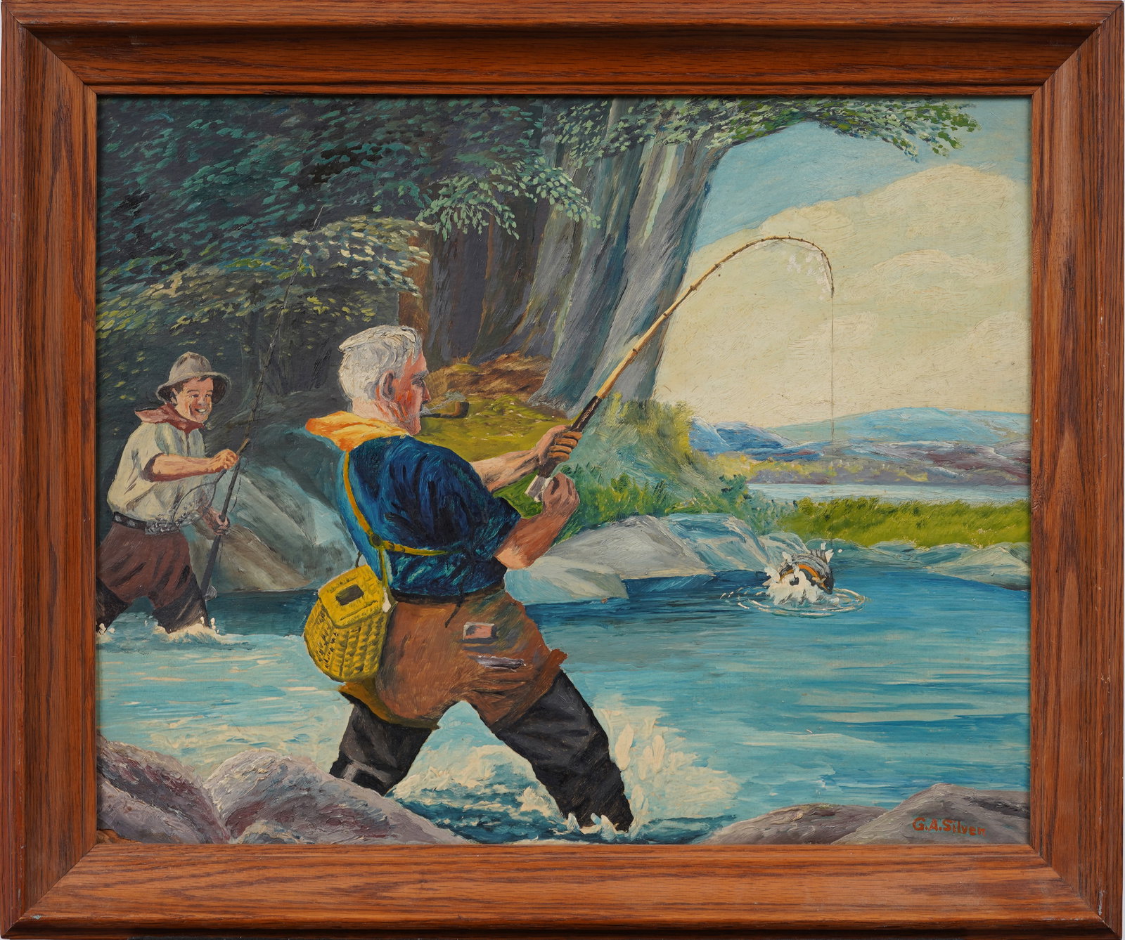 Antique American Fly Fishing Sporting Art Signed Illustration Landscape Original Oil Painting (1 of 7)