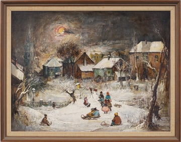 Large Amazing Moonlit Modernist Winter Sledding Snowman Landscape Framed Oil Painting