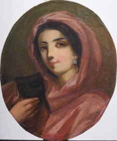 Antique American or European School Masquerade Portrait Original 19th Century Oil Painting