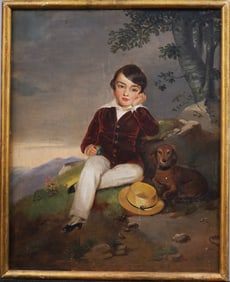 19th Century German Finely Painted Young Boy and Dachshund Dog Portrait Framed Oil Painting