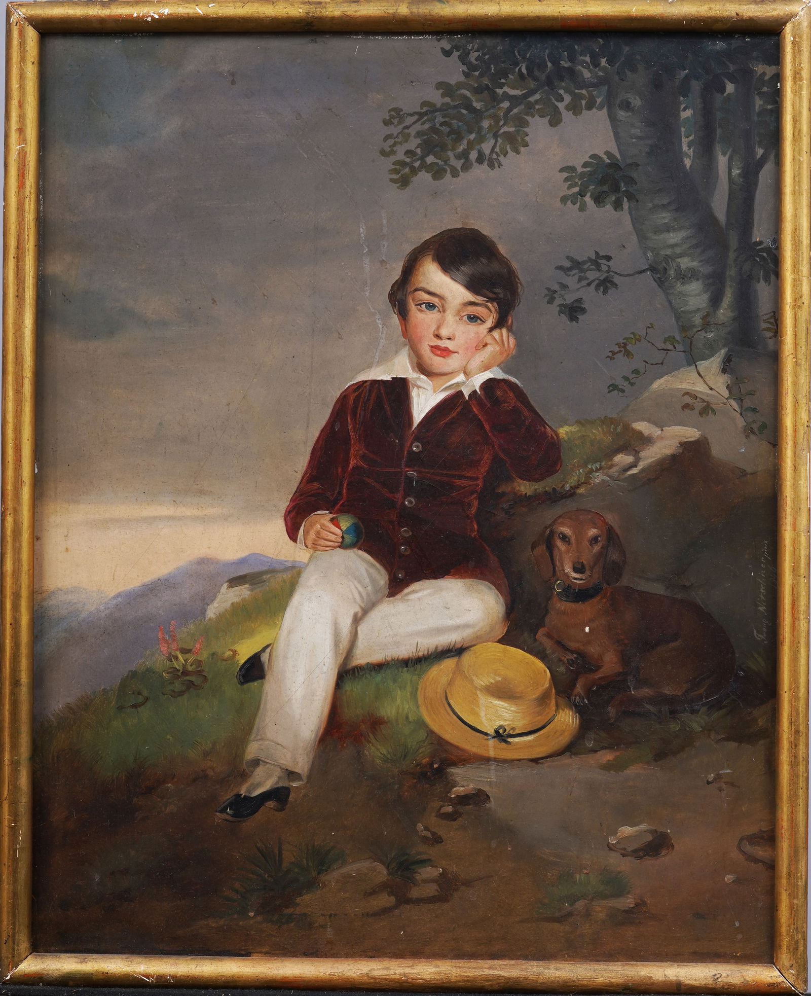 19th Century German Finely Painted Young Boy and Dachshund Dog Portrait Framed Oil Painting (1 of 7)