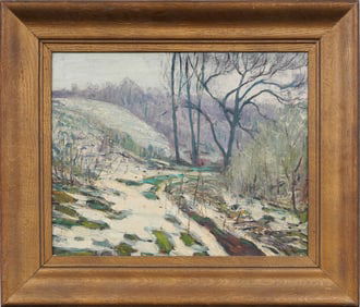 Antique American Impressionist Winter Snow Landscape Framed Original Oil Painting Signed Irvine