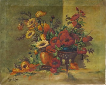 Large Antique American School Signed Flower Still Life Original Oil Painting