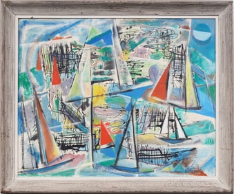 Antique American Modernist Abstract Seascape Signed Sterngold Framed Original Oil Painting
