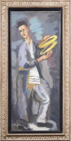 Vintage French Modernist Large Jewish Musician Paris School Portrait Original Oil Painting