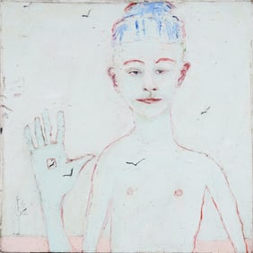 Vintage Surreal Bird Man in Blue Cap Original Modernist Portrait Painting