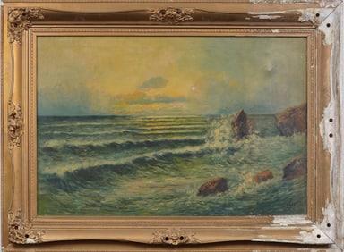 Large American School Framed Antique Impressionist Crashing Surf Seascape Oil Painting