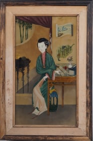 Antique Chinese Realist Portrait Framed Interior Scene Gouache Painting