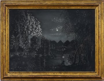 19th Century Antique American Hudson River School Pastel Landscape Painting Lemon Gilt Frame