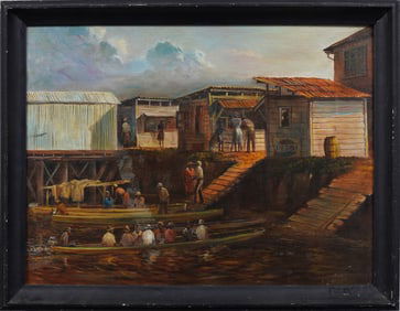 Antique American Ashcan School Baltimore Dock Scene Pepsi Signed Large Framed Oil Painting