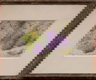 Antique American School 19th Century Plum Still Life Original Watercolor Painting Signed "G.Gardner"