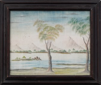 Antique American School Primitive Folk Art Pastel Landscape Framed Painting