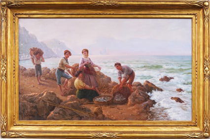 Large Antique Italian Neapolitan Coastal Fishing Village Framed Signed Original Oil Painting