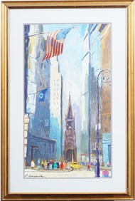 Antique American Impressionist Downtown New York City View Original Street Scene Painting