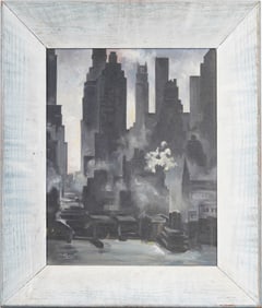 Antique American Ashcan School Hazy Impressionist New York City Harbor View Original Oil Painting