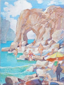 Vintage Signed Italian Impressionist Capri Beach Scene Signed Large Original Oil Painting