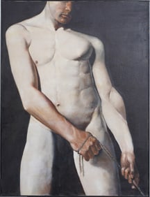 Large Vintage Male Nude Portrait Signed "Sher" Original Oil Painting