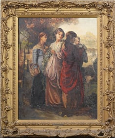 Large Antique European School Realist Landscape and Woman Portrait Framed Oil Painting