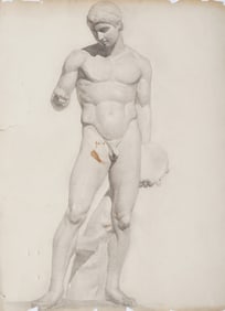Antique European School Male Nude Realist Classical Pencil Drawing Portrait Signed Cadmus