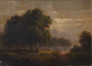 Antique American Hudson River School Cows Grazing Serene 19th Century Landscape Oil Painting