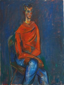 Signed Antique American School Young Handsome Modernist Male Portrait  Original Oil Painting