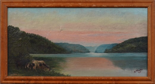 1888 Signed American Framed Hudson River School Sunset Landscape Oil Painting