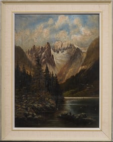 Antique Signed European Snow Capped Mountain Landscape Framed Oil Painting