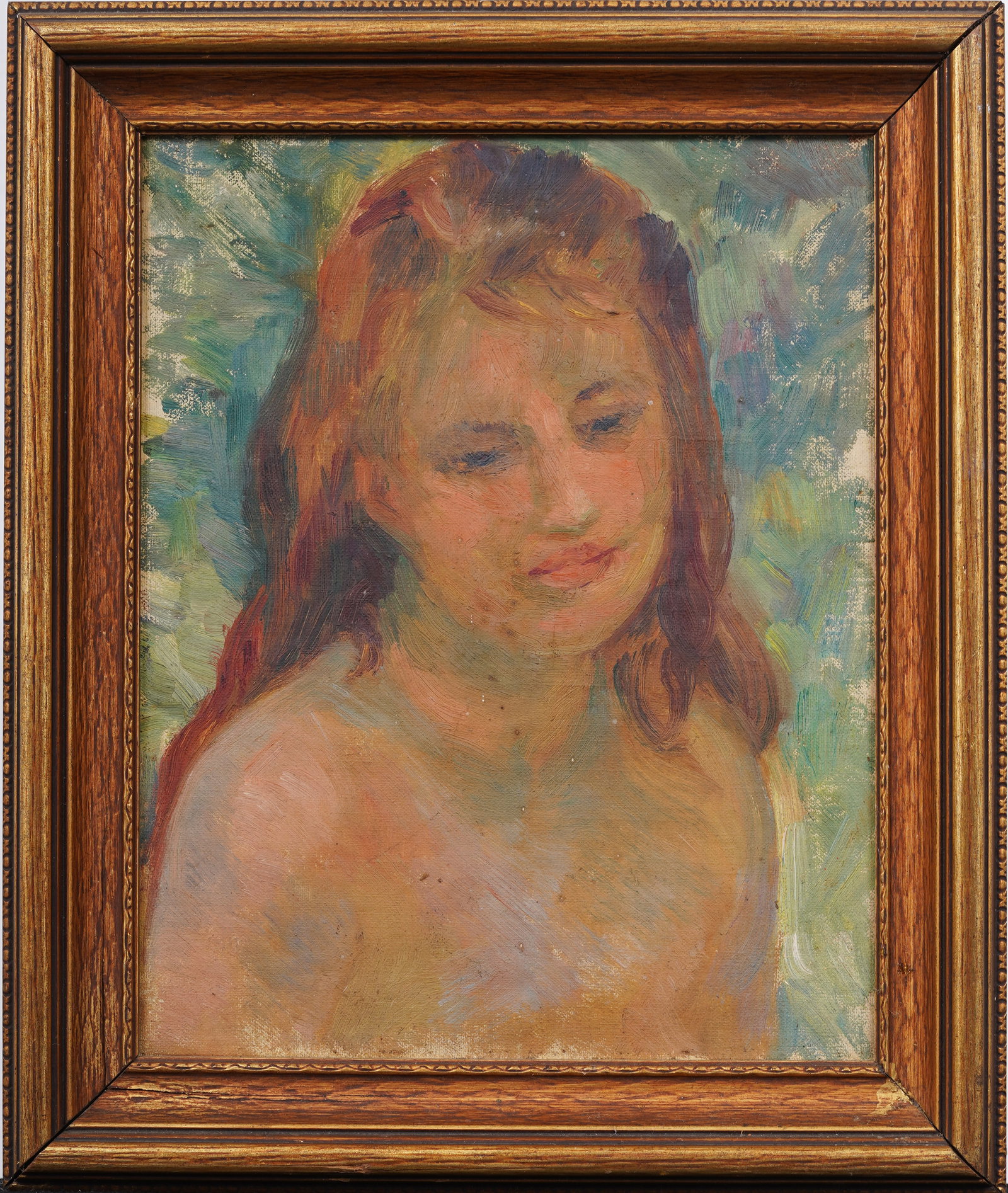 Antique American Impressionist Framed Young Woman Portrait Original Oil Painting: Antique American impressionist portrait oil painting. Oil on board. Framed. Measuring 11 by 13 inches overall and 8.5 by 10.5 painting alone. Please see all images for condition. Size is measured and 