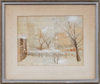 Antique American Impressionist Ashcan School Winter Street Scene Framed Painting