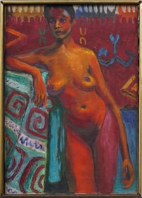 Antique American Modernist Black Nude Woman Portrait Framed Oil Painting