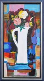 Large Vintage American School Modernist Abstract Flower Still Life Original Oil Painting