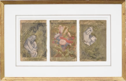Vintage Modernist Religious Symbolist Triptych Mixed Media Collage  Painting
