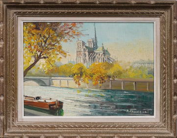 Andre Franchet (1896 - 1961) Antique French Impressionist Notre Dame Paris View Oil Painting