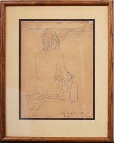 Antique Signed Modernist Nude Woman Portrait Beach Bather Framed Drawing