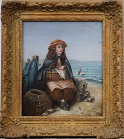 Antique Signed Impressionist Young Woman Portrait Beach Scene Seascape Framed Oil Painting