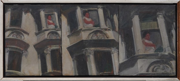 Incredible Vintage Modernist Architectural Modernist Portrait Street Scene Framed Oil Painting